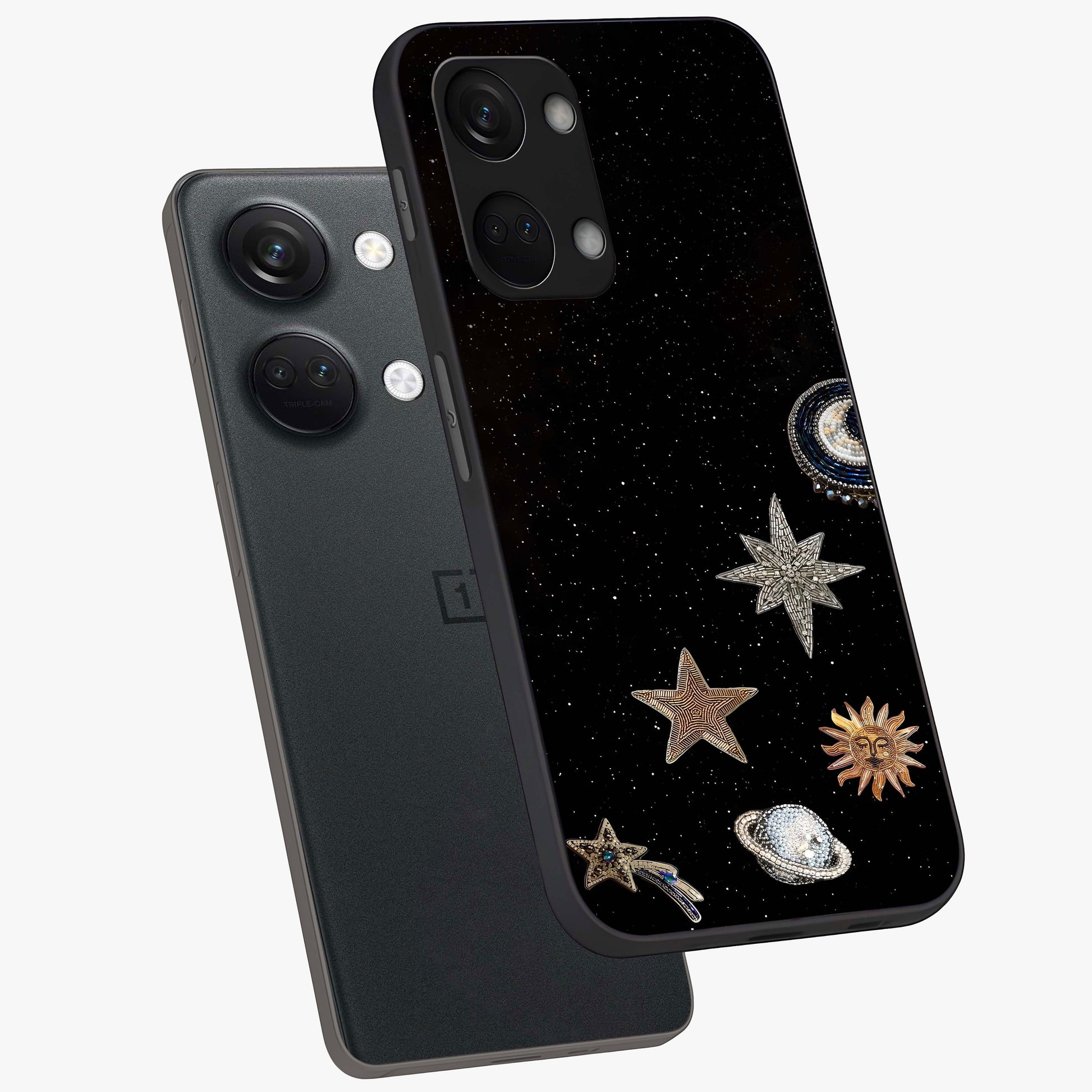 Galactic Charm Glow Glass Case for 1+Nord 3 angled mockup showcasing glossy glass finish and luminous galaxy tones