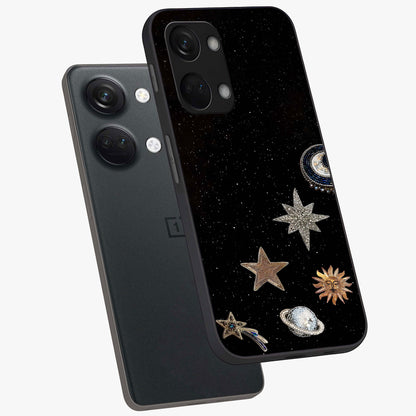 Galactic Charm Glow Glass Case for 1+Nord 3 angled mockup showcasing glossy glass finish and luminous galaxy tones
