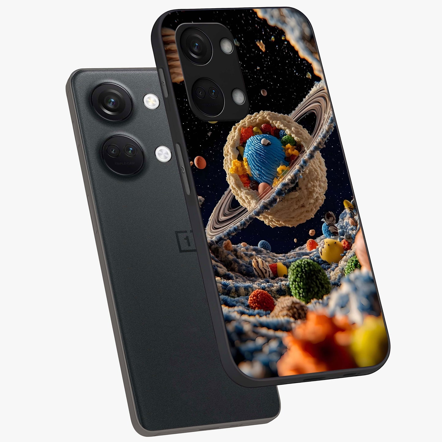 Galactic Dessert Dream Printed Glass Case for 1+Nord 3 angled mockup showcasing glossy finish and colorful galaxy tones