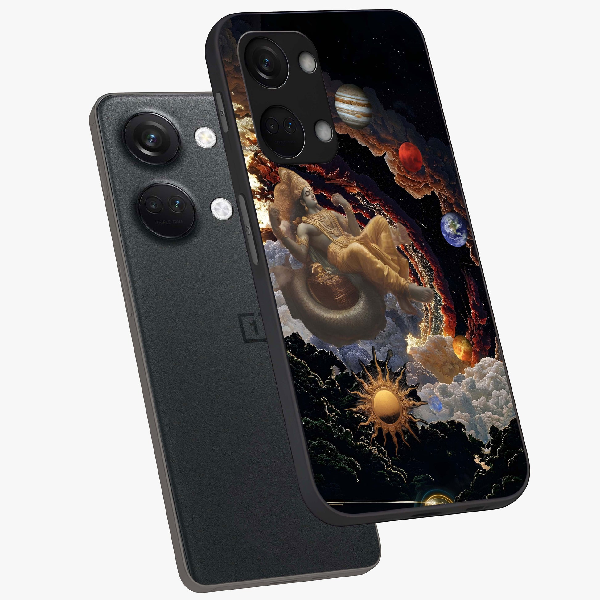 Galactic Divine God Glass Case for 1+Nord 3 angled mockup showcasing glossy finish and celestial spiritual tones