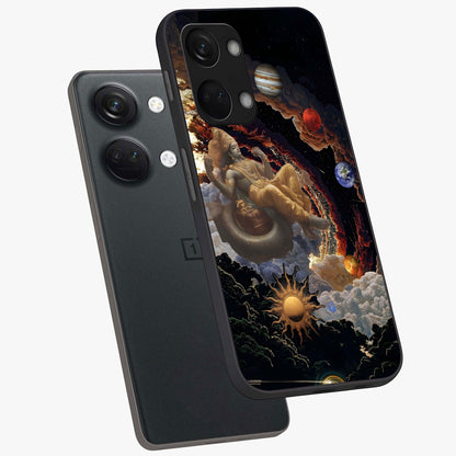 Galactic Divine God Glass Case for 1+Nord 3 angled mockup showcasing glossy finish and celestial spiritual tones