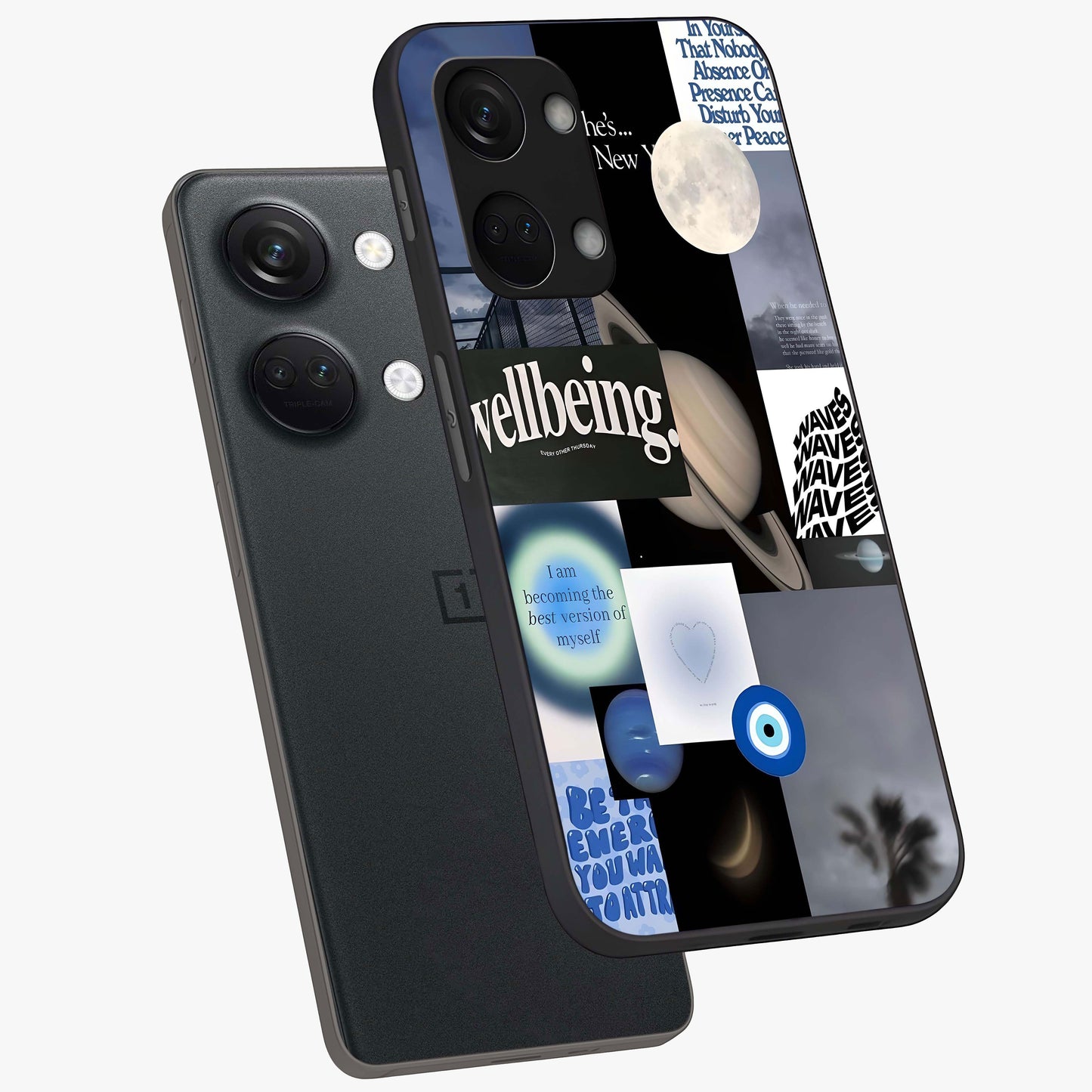 Galactic Energy Collage Glass Case for 1+Nord 3 angled mockup showcasing glossy finish and vibrant space textures
