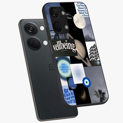 Galactic Energy Collage Glass Case for 1+Nord 3 angled mockup showcasing glossy finish and vibrant space textures