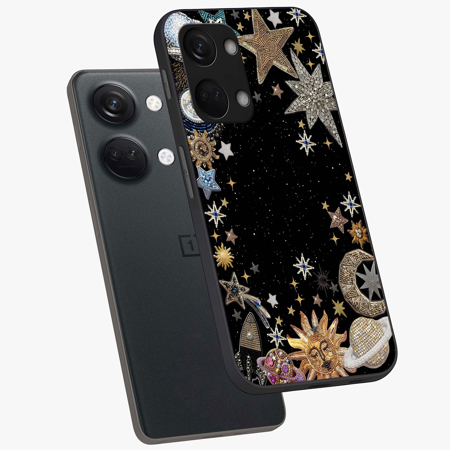 Galactic Jewel Stars Glass Case for 1+Nord 3 angled mockup showcasing glossy finish and radiant cosmic tones