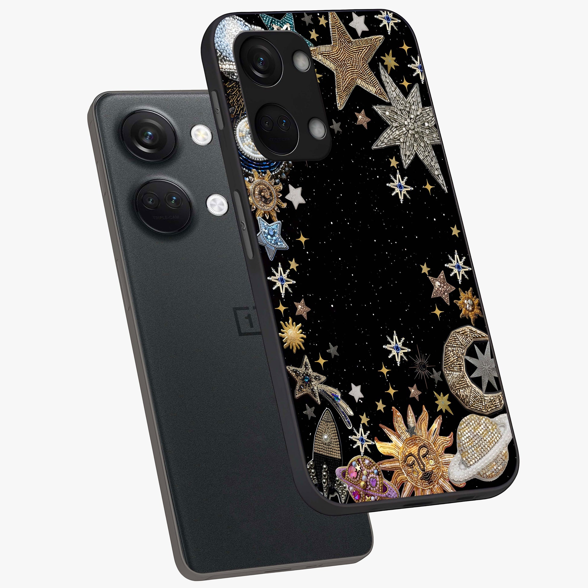 Galactic Jewel Stars Glass Case for 1+Nord 3 angled mockup showcasing glossy finish and radiant cosmic tones