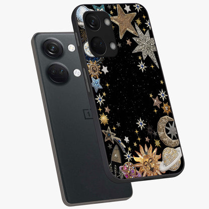Galactic Jewel Stars Glass Case for 1+Nord 3 angled mockup showcasing glossy finish and radiant cosmic tones