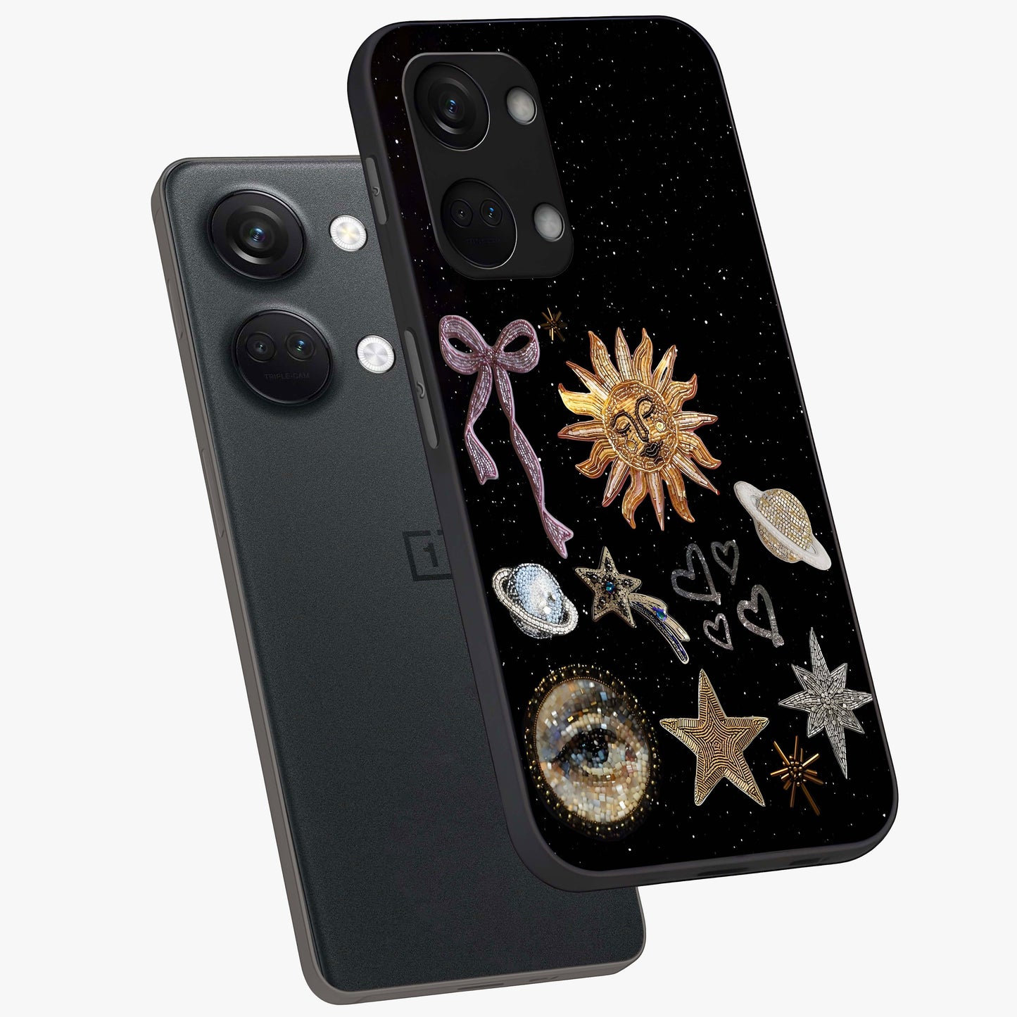 Galactic Sun Charm Glass Case for 1+Nord 3 angled mockup showcasing glossy finish and warm galaxy tones