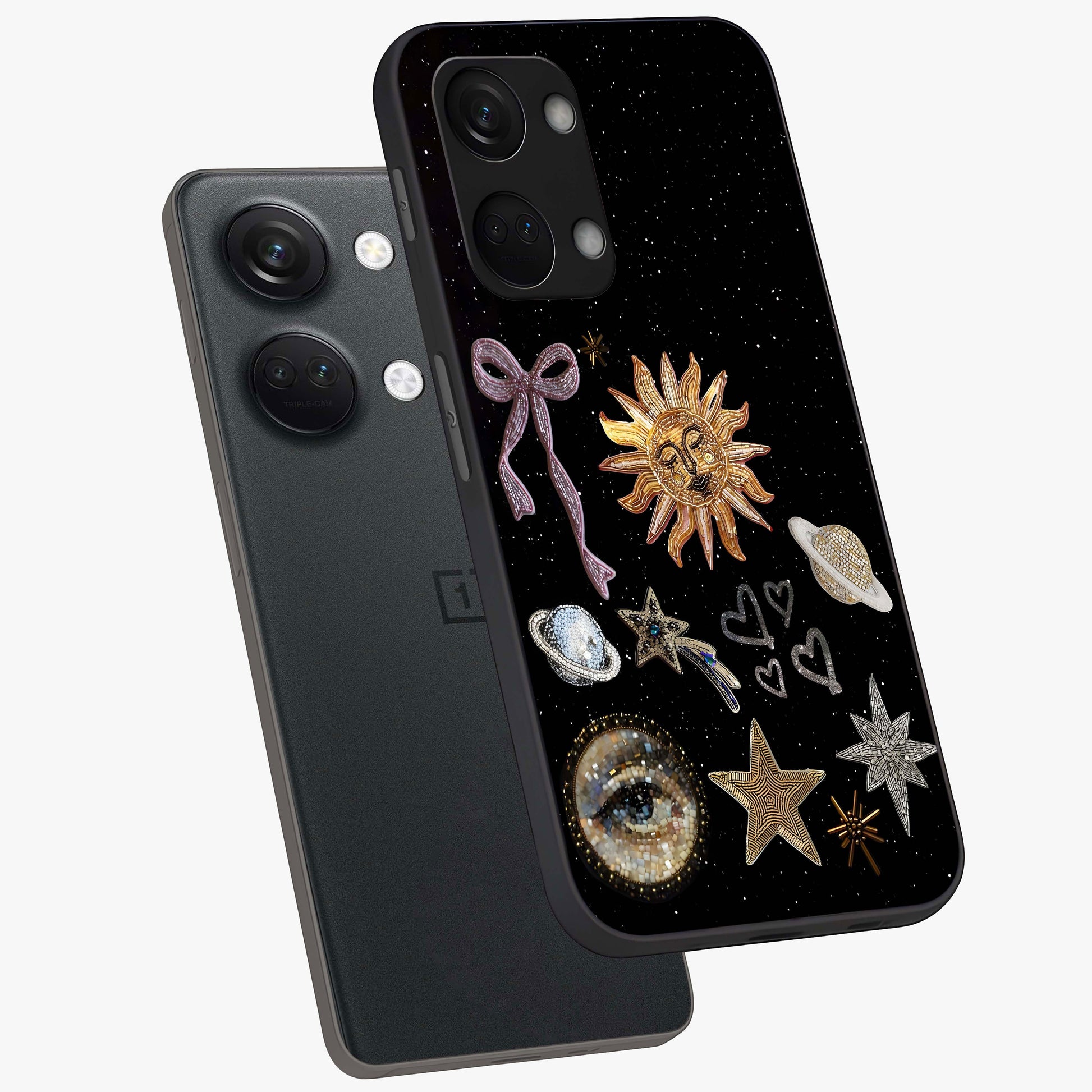 Galactic Sun Charm Glass Case for 1+Nord 3 angled mockup showcasing glossy finish and warm galaxy tones