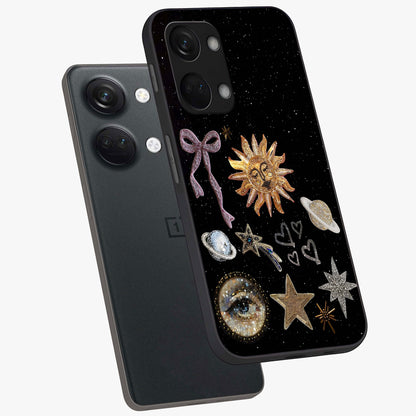 Galactic Sun Charm Glass Case for 1+Nord 3 angled mockup showcasing glossy finish and warm galaxy tones