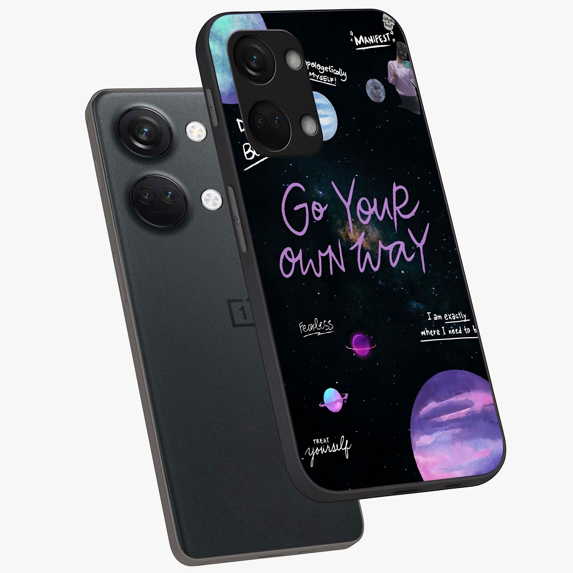 Galactic Vibes Universe Glass Case for 1+Nord 3 angled mockup showcasing glossy finish and deep space gradients