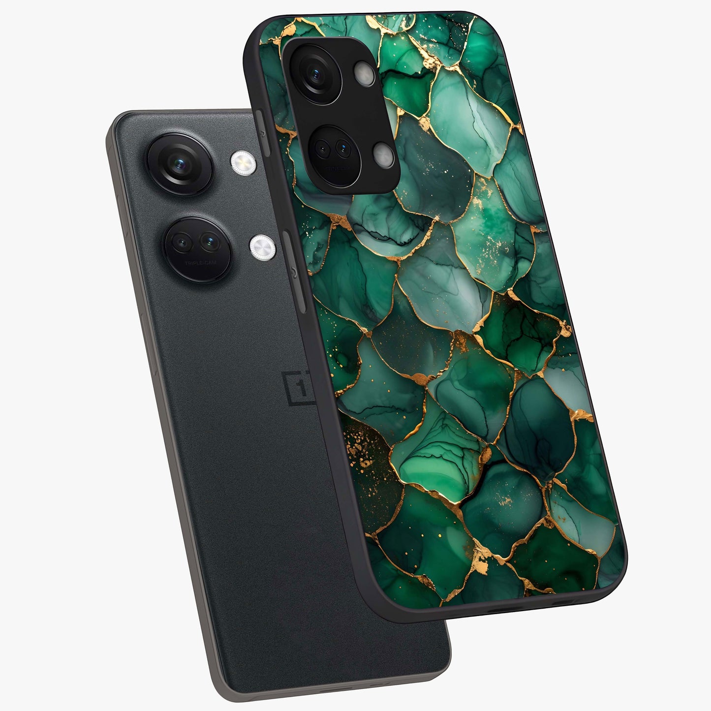 Geometric Polyester Pattern Glass Case for 1+Nord 3 angled mockup showcasing glossy finish and clean structured detailing