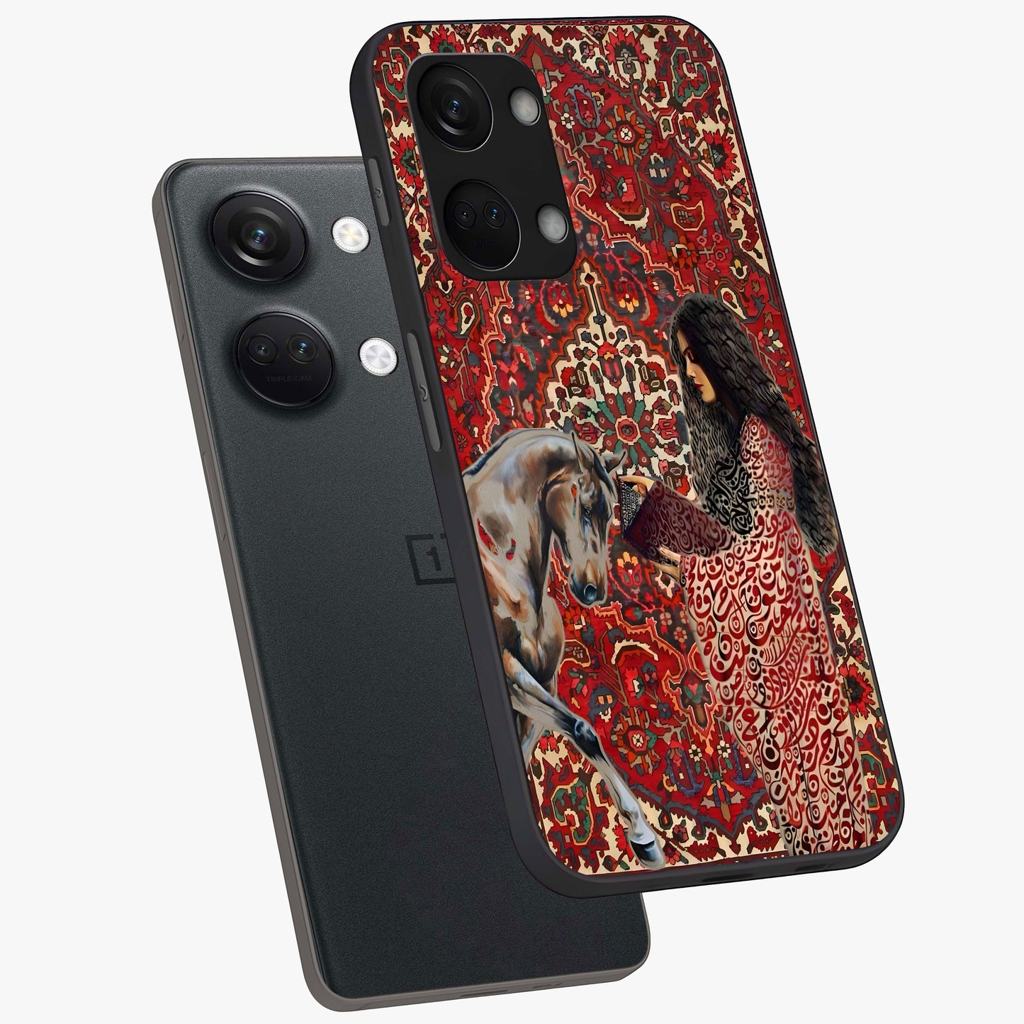 Girl With Horse Glass Case for 1+Nord 3 angled mockup showcasing glossy finish and serene countryside tones