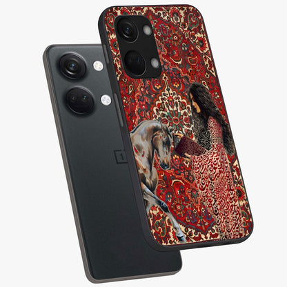 Girl With Horse Glass Case for 1+Nord 3 angled mockup showcasing glossy finish and serene countryside tones