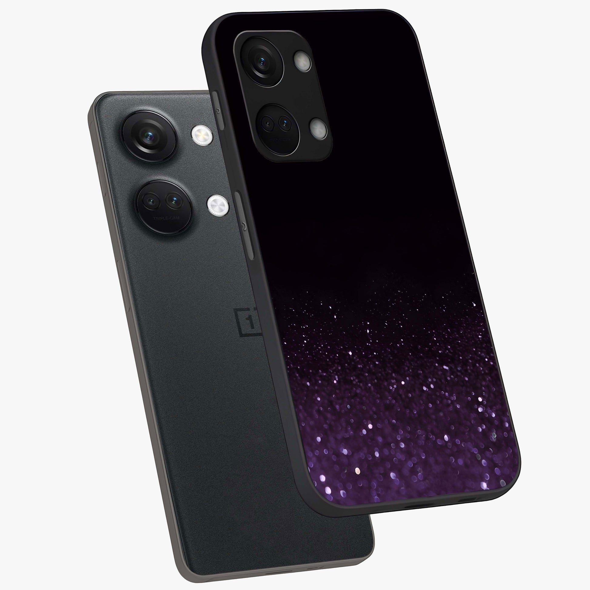 Glittery Purple Bokeh Glass Case for 1+Nord 3 angled mockup showcasing glossy finish and luminous shimmer tones