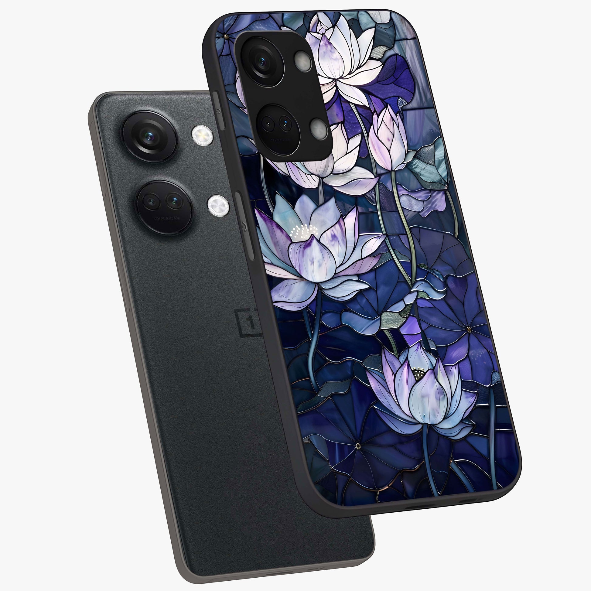 Gloss Petal Rush Glass Case for 1+Nord 3 angled mockup showcasing shiny glass finish and vibrant bloom detailing