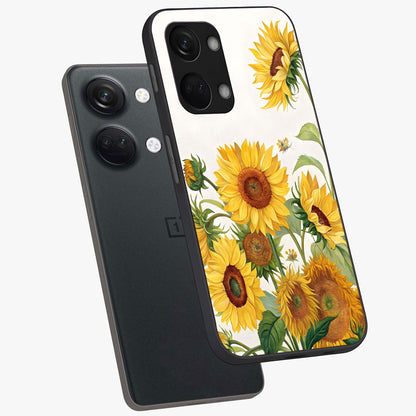 Golden Bloom Fields Glass Case for 1+Nord 3 angled mockup showcasing glossy finish and warm golden gradients