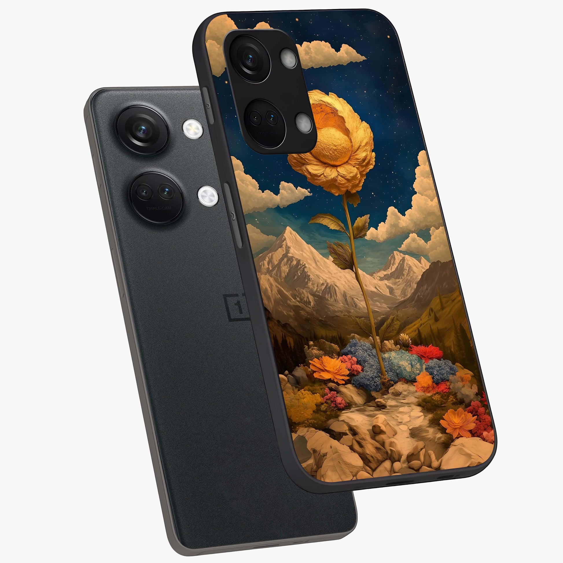 Golden Bloom Night Glass Case for 1+Nord 3 angled mockup showcasing glossy glass finish and rich night tones