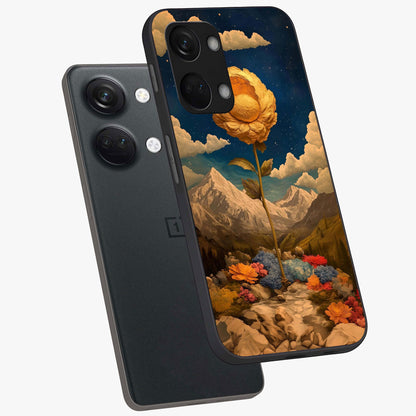 Golden Bloom Night Glass Case for 1+Nord 3 angled mockup showcasing glossy glass finish and rich night tones