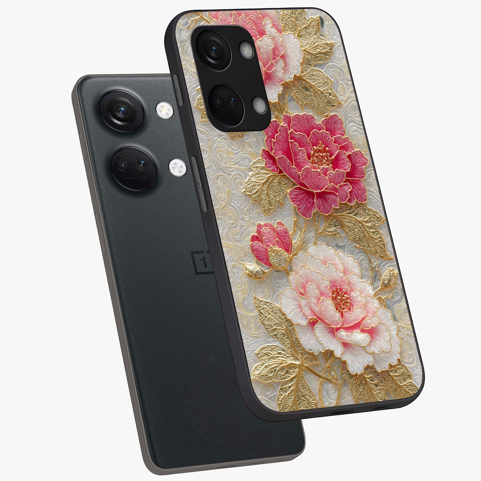 Golden Blossom Elegance Glass Case for 1+Nord 3 angled mockup showcasing glossy finish and luxurious bloom tones