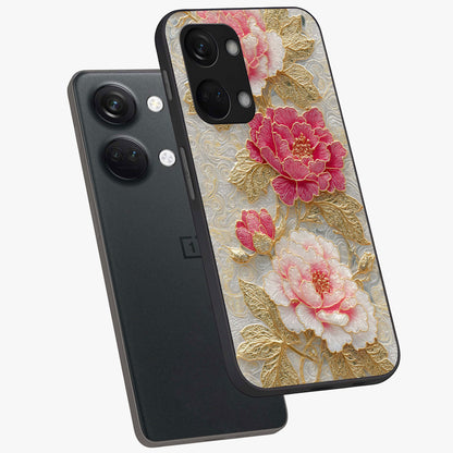 Golden Blossom Elegance Glass Case for 1+Nord 3 angled mockup showcasing glossy finish and luxurious bloom tones