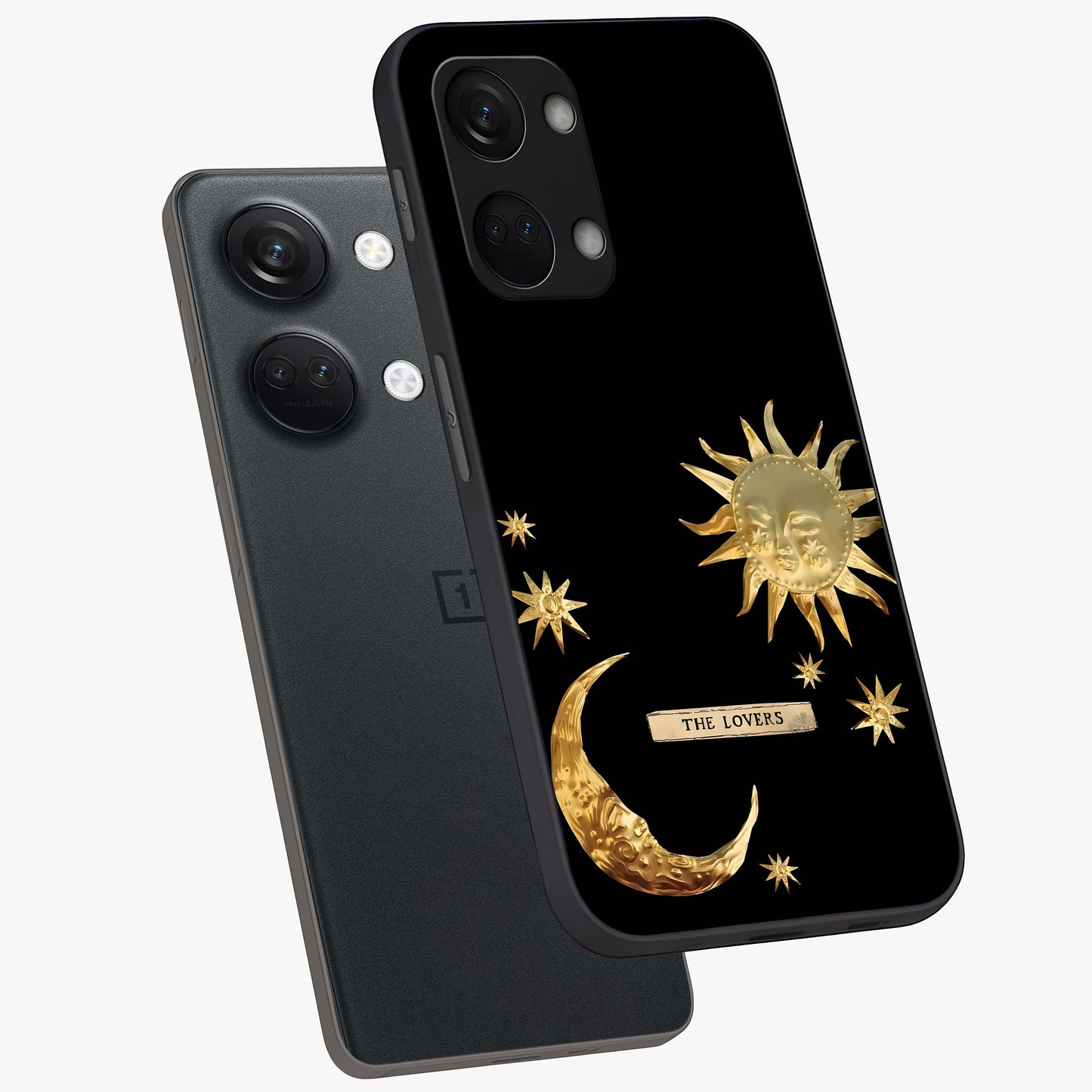 Golden Celestial Charm Glass Case for 1+Nord 3 angled mockup showcasing glossy finish and shimmering cosmic tones
