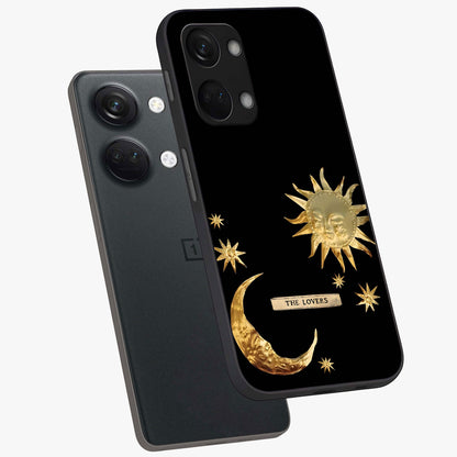 Golden Celestial Charm Glass Case for 1+Nord 3 angled mockup showcasing glossy finish and shimmering cosmic tones