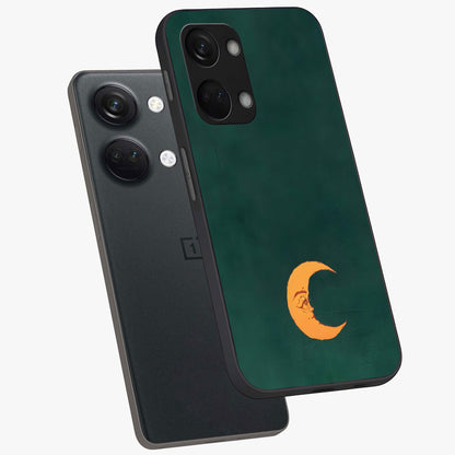 Golden Crescent Mood Glass Case for 1+Nord 3 angled mockup showcasing glossy finish and subtle night gradients