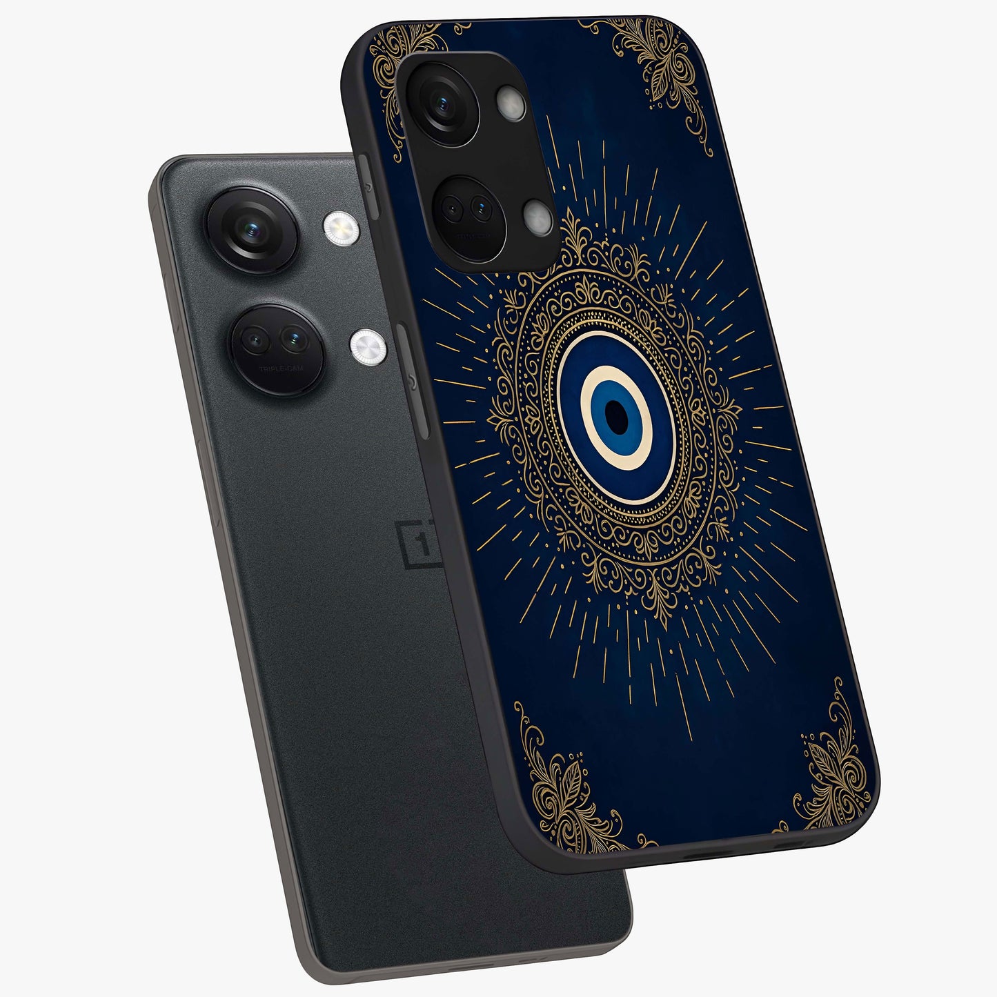 Golden Evil Eye Mandala Glass Case for 1+Nord 3 angled mockup showcasing glossy finish and detailed ornamental design