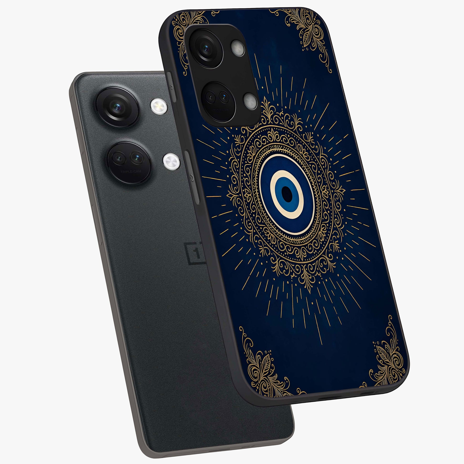 Golden Evil Eye Mandala Glass Case for 1+Nord 3 angled mockup showcasing glossy finish and detailed ornamental design