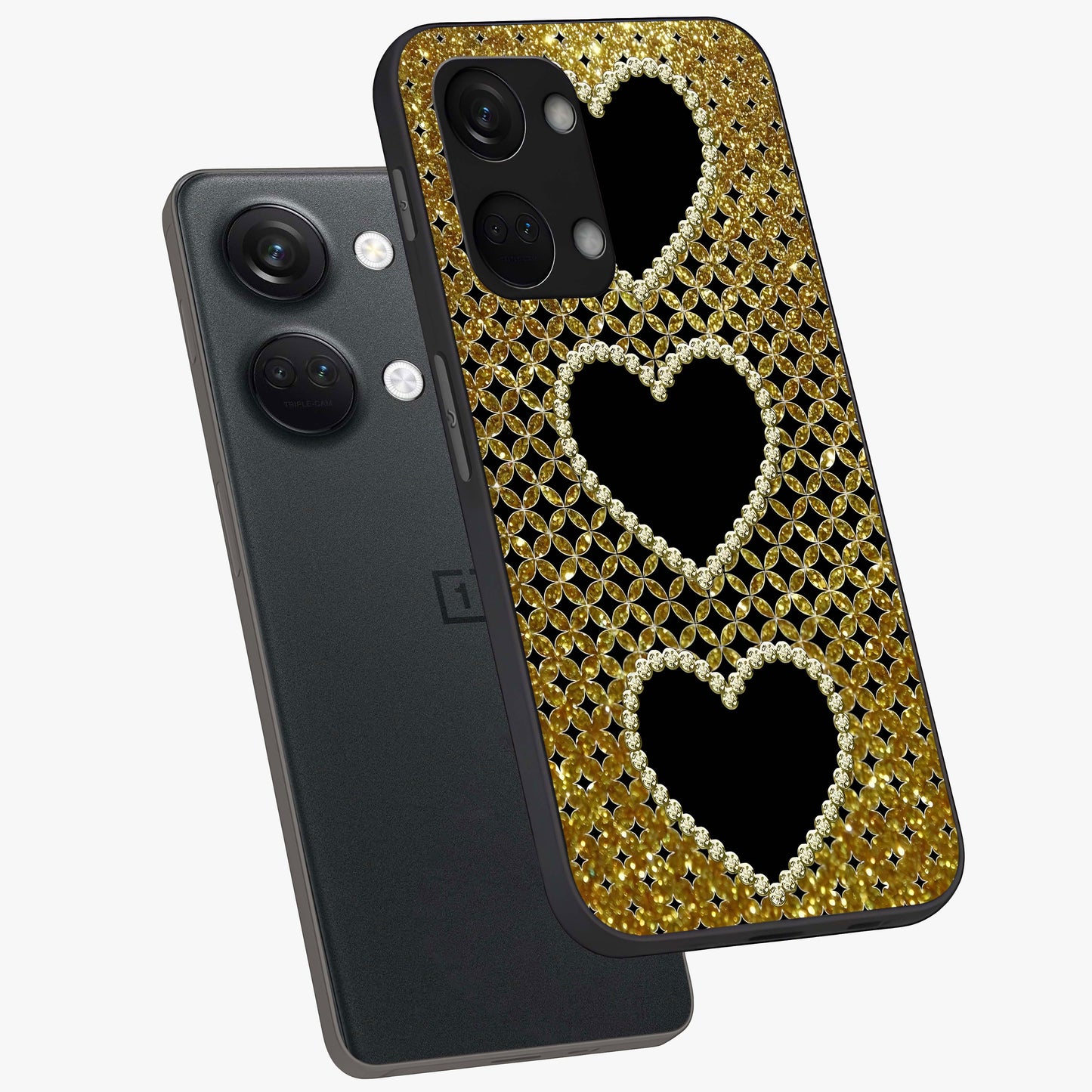 Golden Heart Glow Glass Case for 1+Nord 3 angled mockup showcasing glossy finish and radiant warm tones