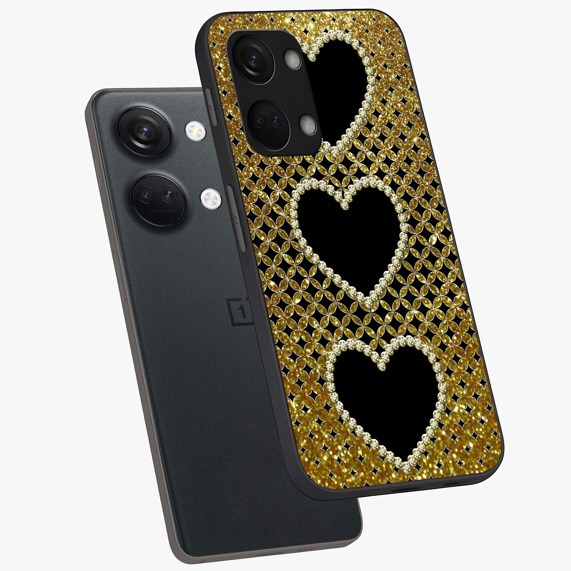 Golden Heart Glow Glass Case for 1+Nord 3 angled mockup showcasing glossy finish and radiant warm tones