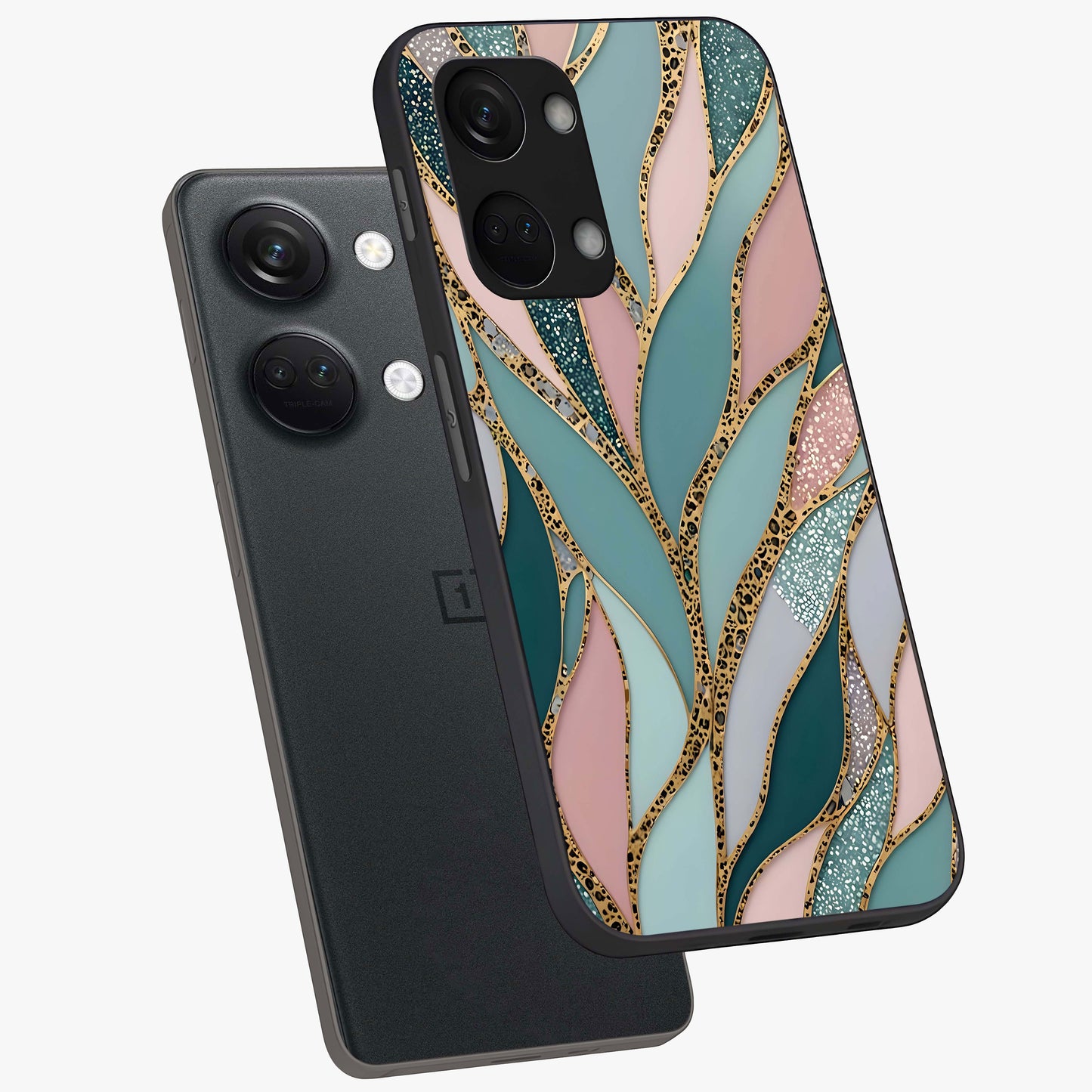 Golden Leaf Dreams Glass Case for 1+Nord 3 angled mockup showcasing glossy finish and refined botanical tones