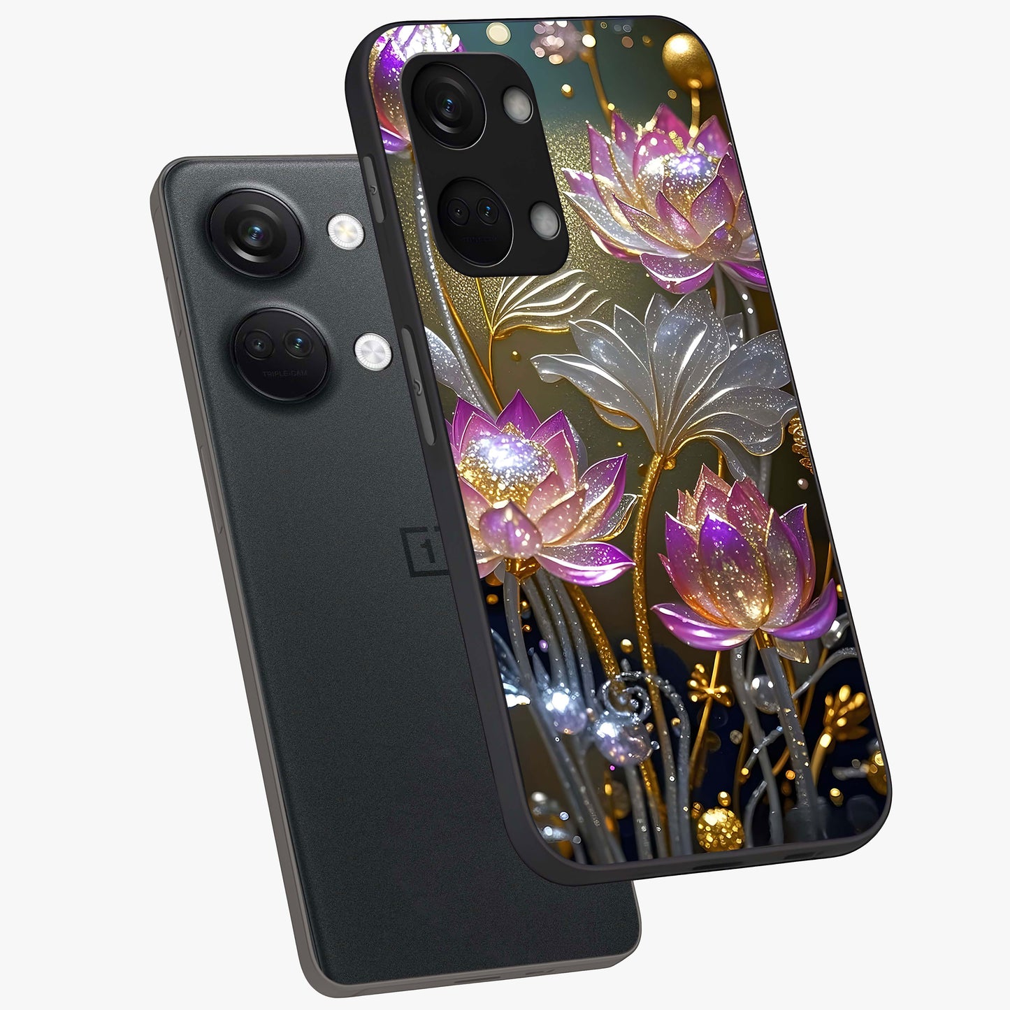 Golden Lotus Glow Glass Case for 1+Nord 3 angled mockup showcasing glossy finish and luminous spiritual tones