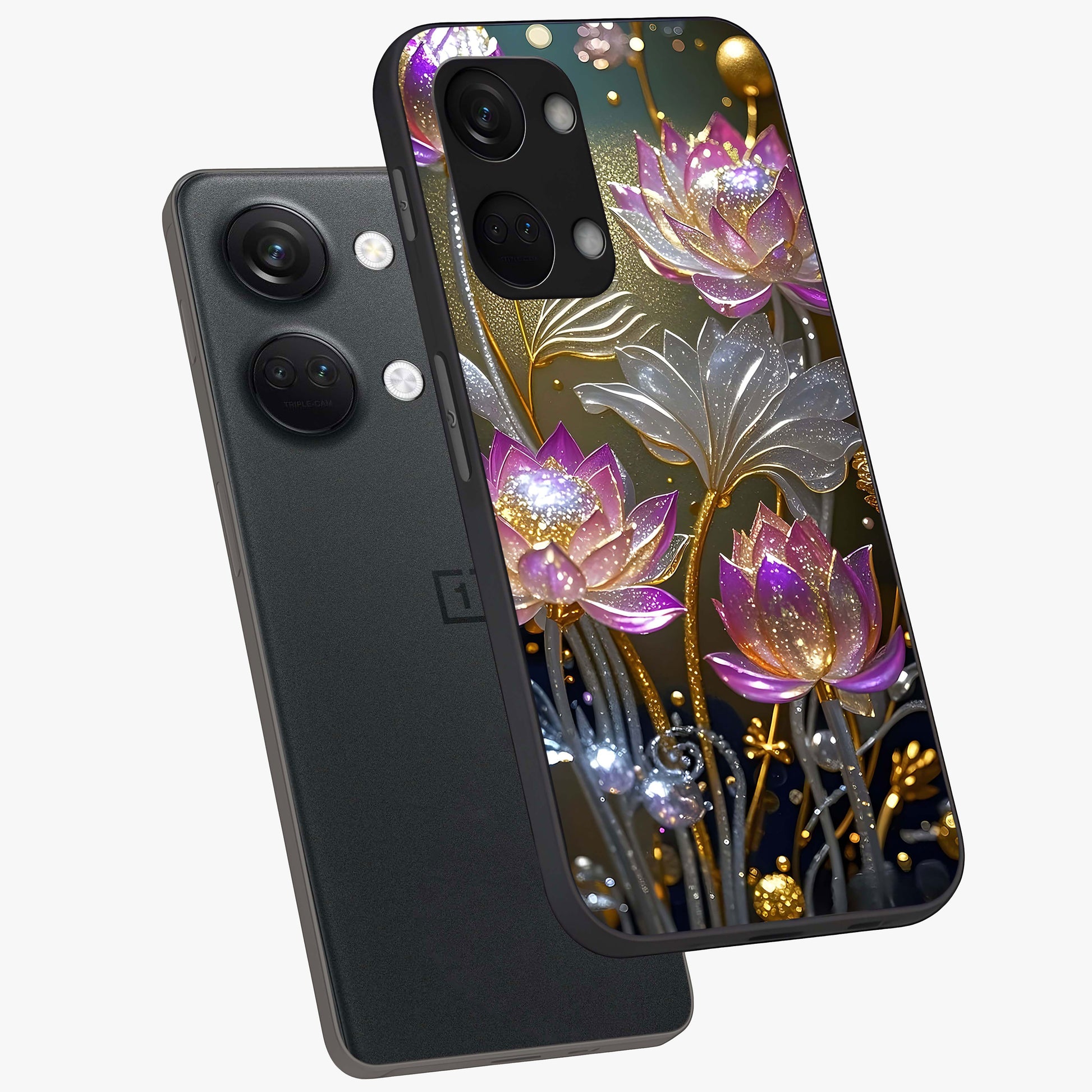 Golden Lotus Glow Glass Case for 1+Nord 3 angled mockup showcasing glossy finish and luminous spiritual tones