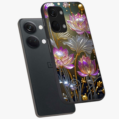 Golden Lotus Glow Glass Case for 1+Nord 3 angled mockup showcasing glossy finish and luminous spiritual tones