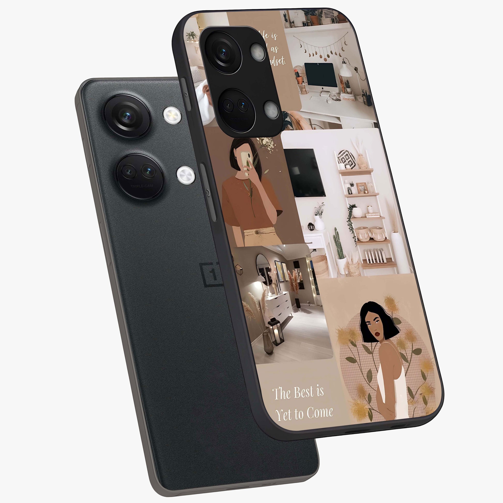 Golden Mind Moment Glass Case for 1+Nord 3 angled mockup showcasing glossy finish and rich warm gradients