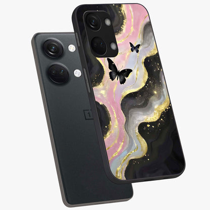 Golden Mist Butterflies Glass Case for 1+Nord 3 angled mockup showcasing glossy glass finish and luminous detailing