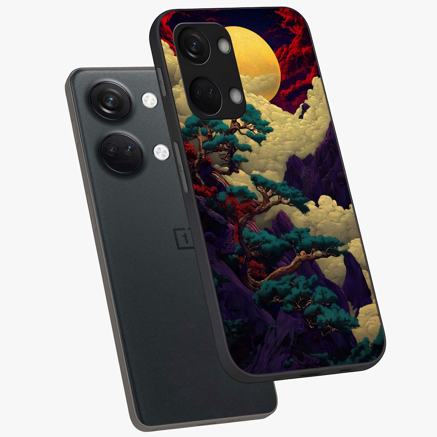 Golden Moon Horizon Glass Case for 1+Nord 3 angled mockup showcasing glossy finish and warm gradient tones