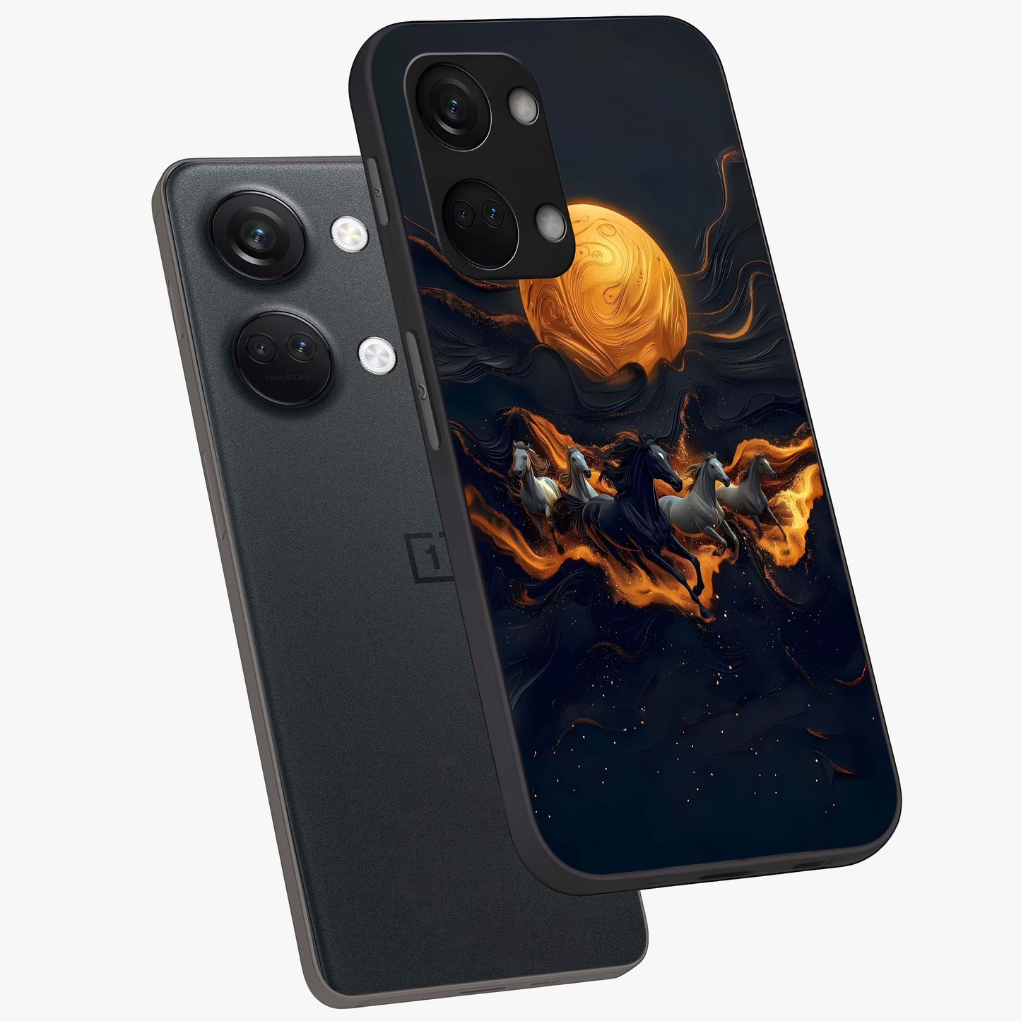 Golden Stallion Moonride Glass Case for 1+Nord 3 angled mockup showcasing glossy finish and rich celestial tones