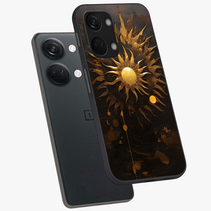 Golden Sun Majesty Glass Case for 1+Nord 3 angled mockup showcasing glossy finish and warm celestial gradients