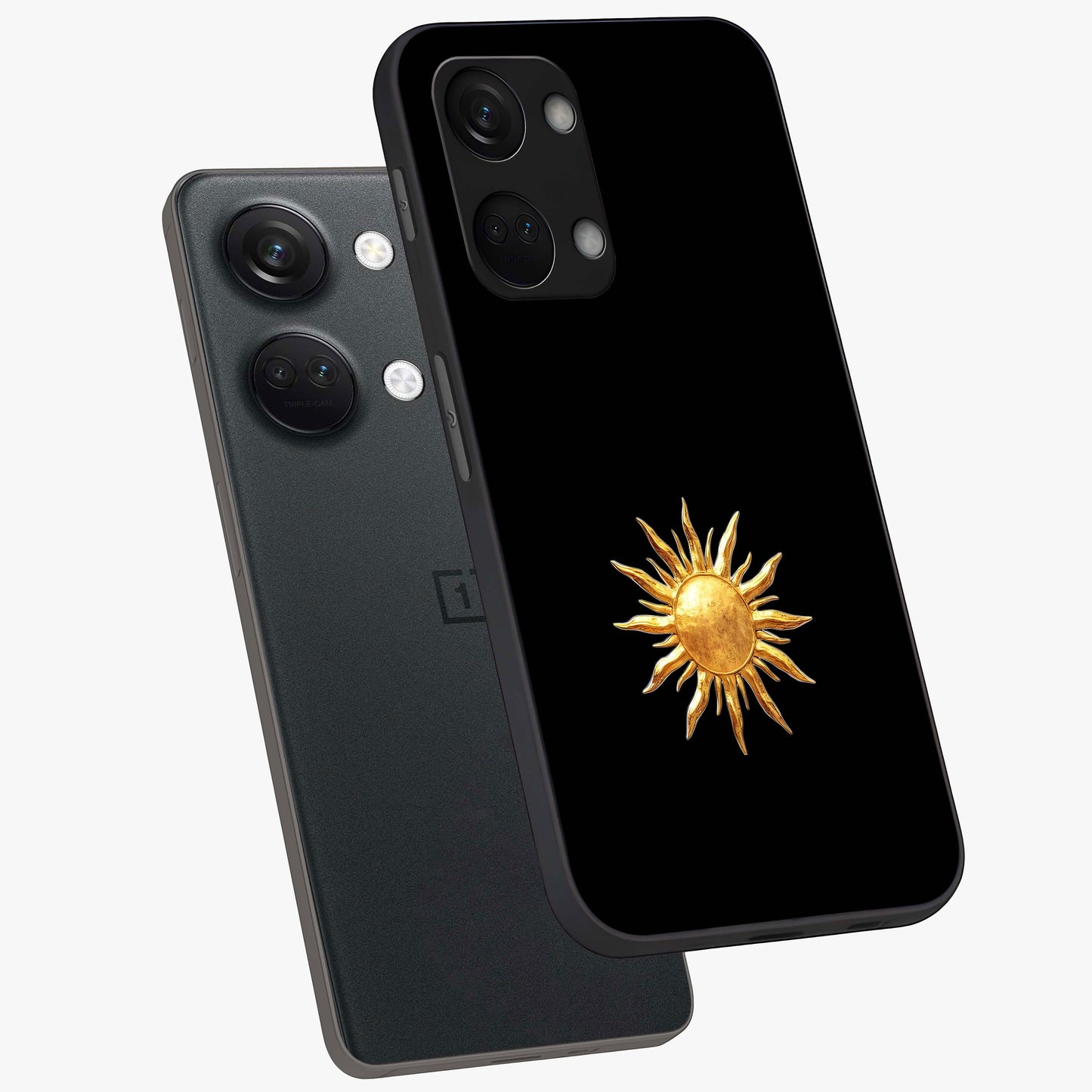 Golden Sun Minimalism Glass Case for 1+Nord 3 angled mockup showcasing glossy finish and subtle warm tones