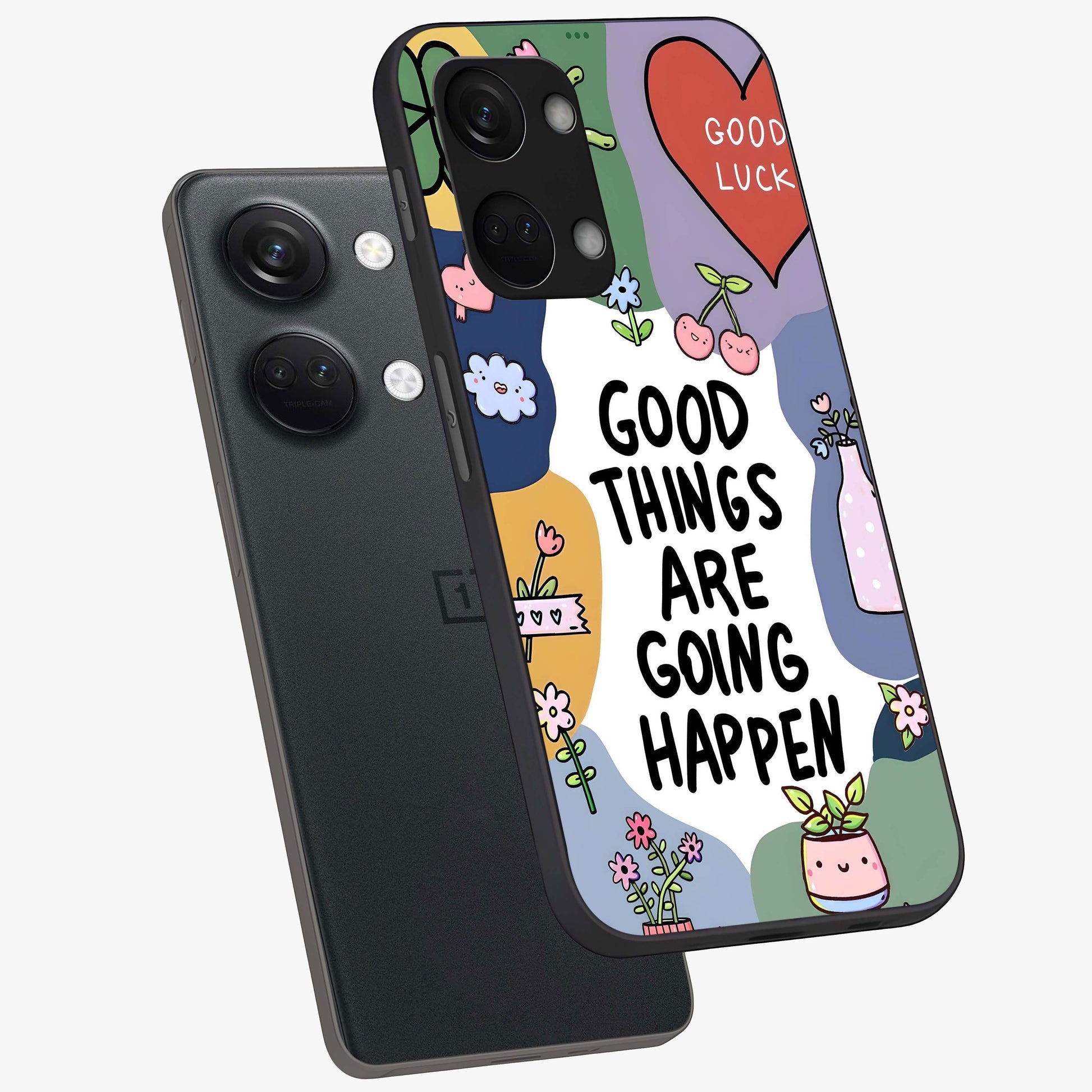 Good Thing Quote Glass Case for 1+Nord 3 angled mockup showcasing glossy finish and clean modern design