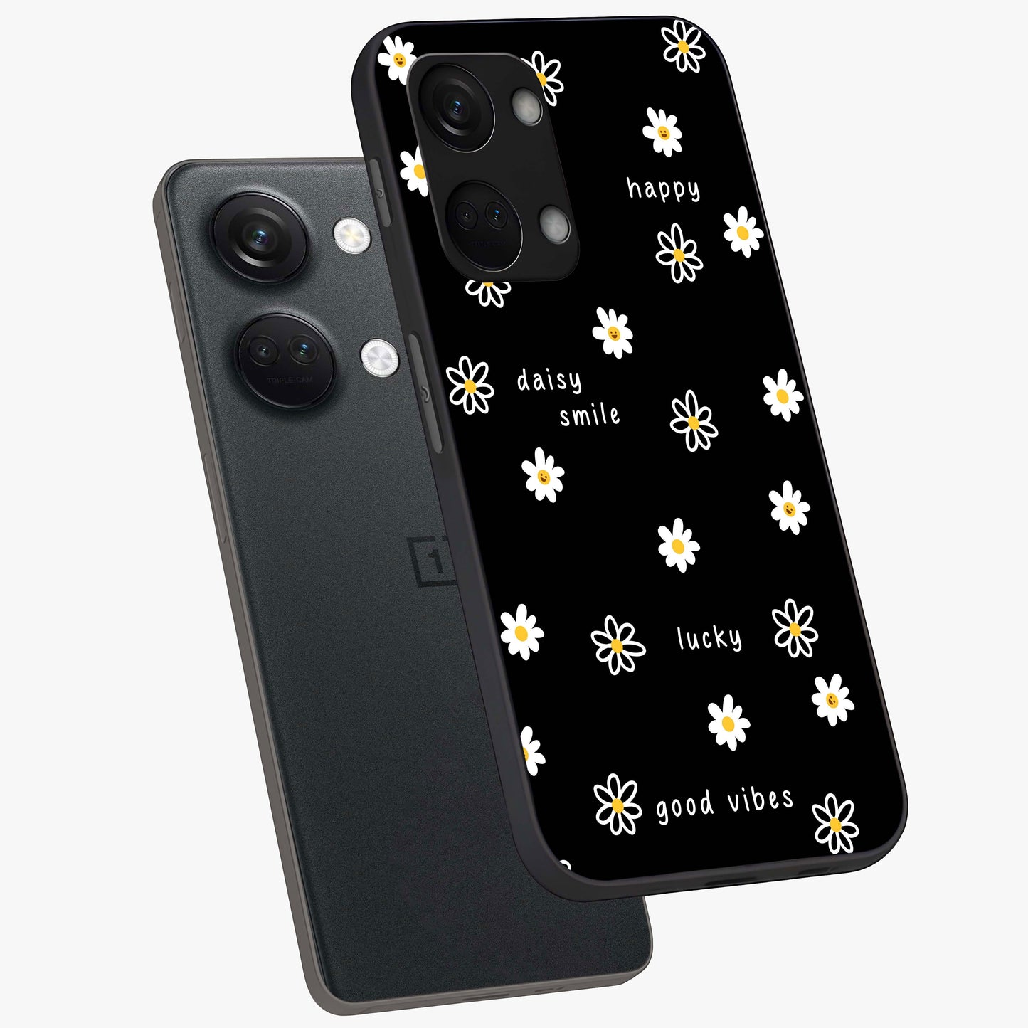 Good Vibes Daisy Black Pattern Glass Case for 1+Nord 3 angled mockup showcasing glossy finish and bold floral contrast