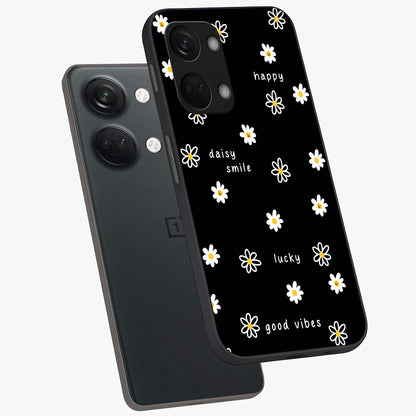 Good Vibes Daisy Black Pattern Glass Case for 1+Nord 3 angled mockup showcasing glossy finish and bold floral contrast