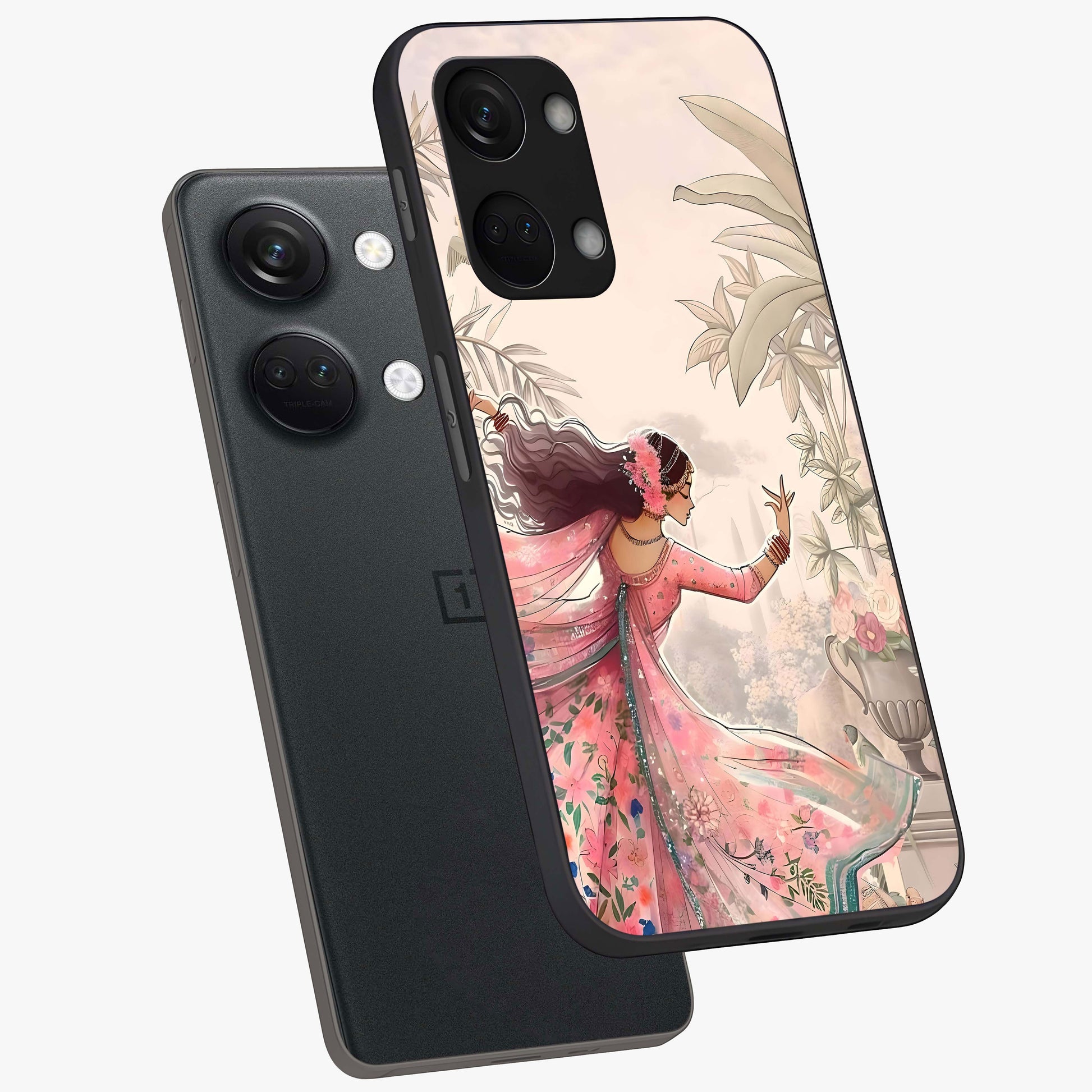 Graceful Garden Rhythm Glass Case for 1+Nord 3 angled mockup showcasing glossy glass finish and soft bloom detailing