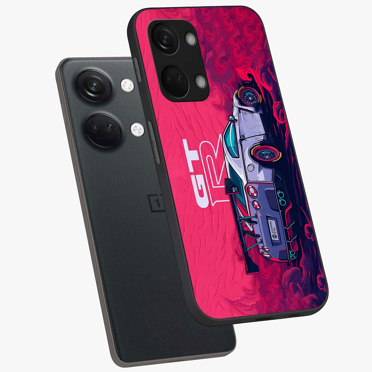 Gt R Car Pattern Glass Case for 1+Nord 3 angled mockup showcasing glossy finish and sporty detailing