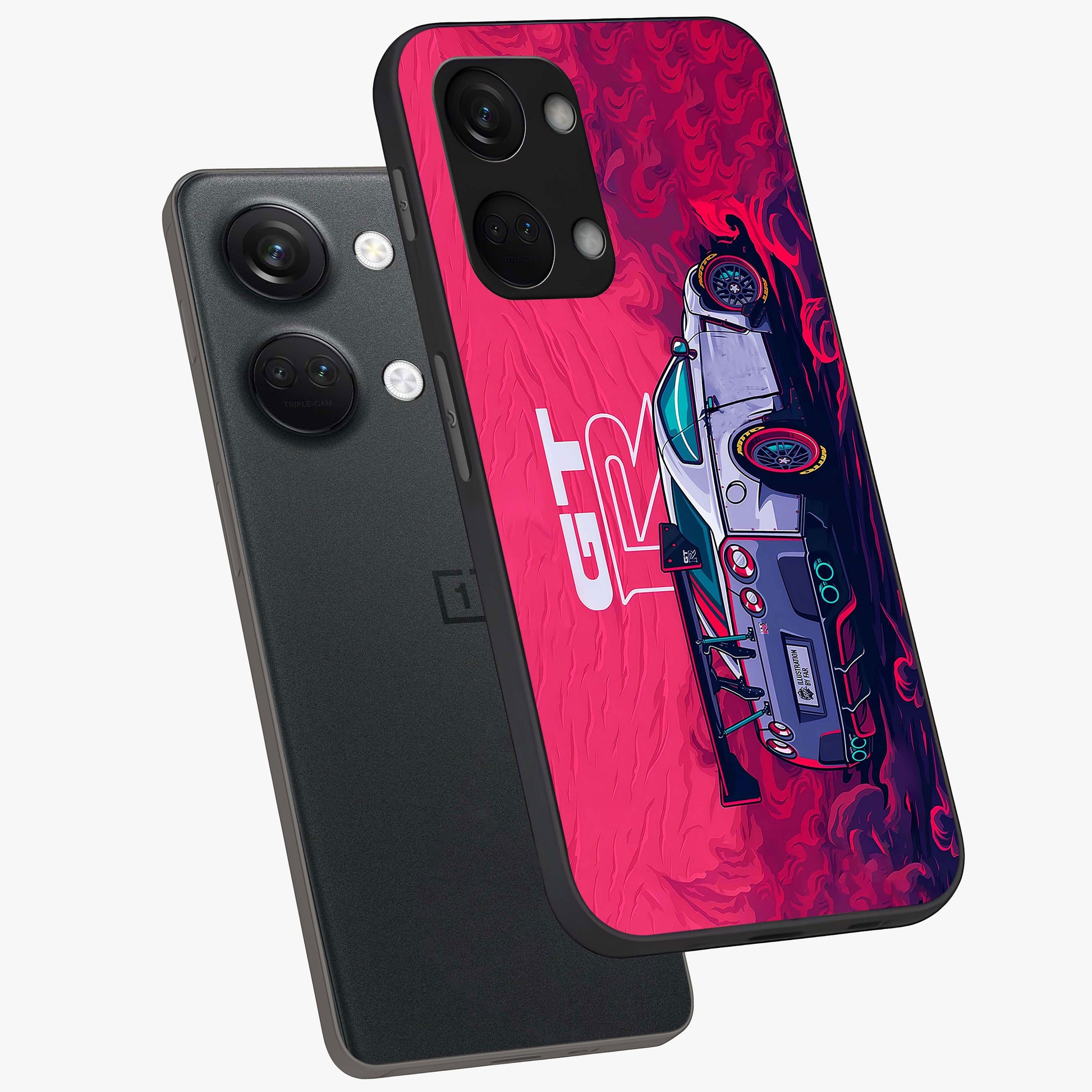 Gt R Car Pattern Glass Case for 1+Nord 3 angled mockup showcasing glossy finish and sporty detailing