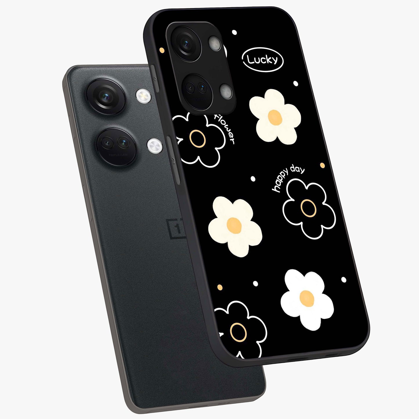 Happy Day Daisy Glass Case for 1+Nord 3 angled mockup showcasing glossy finish and vibrant bloom tones