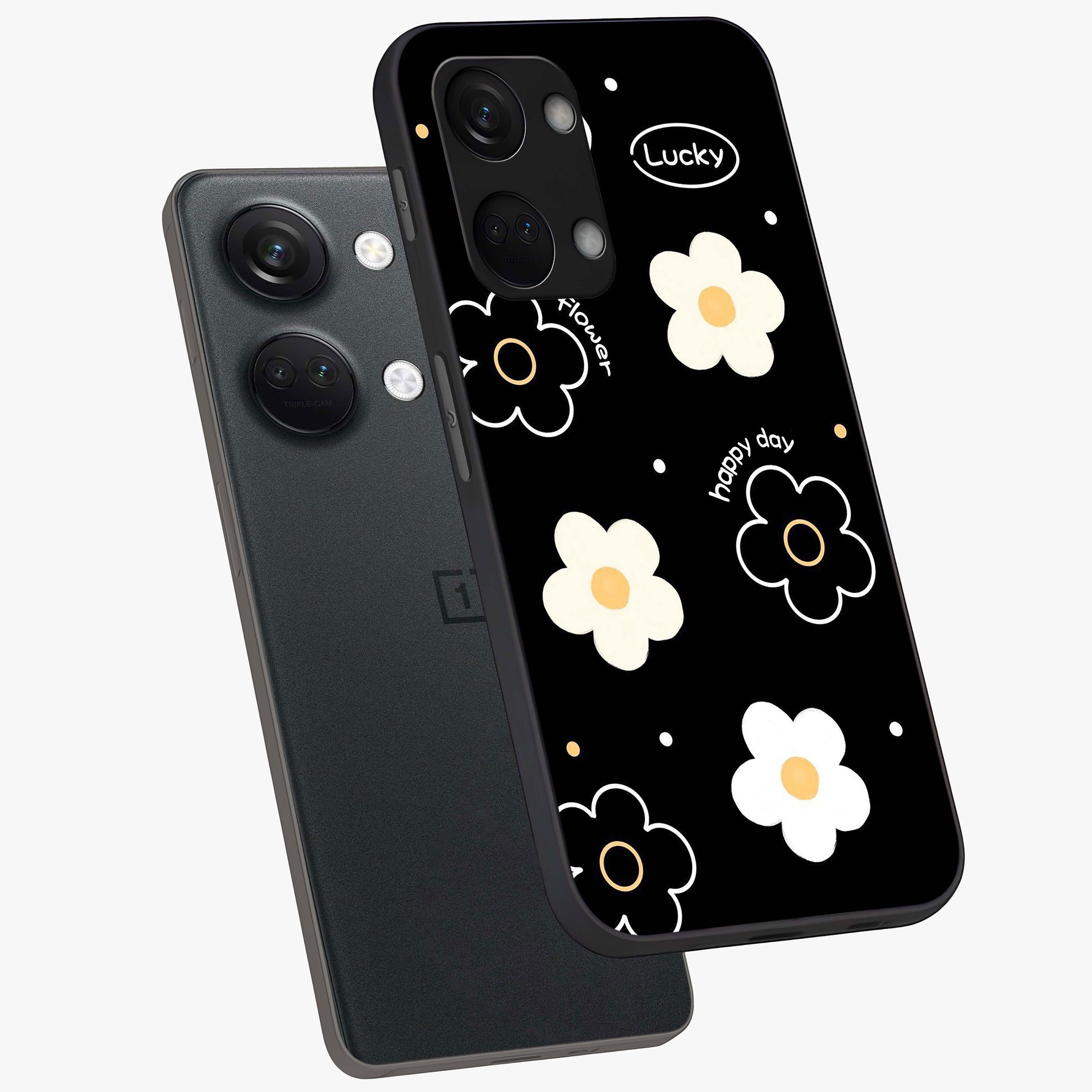 Happy Day Daisy Glass Case for 1+Nord 3 angled mockup showcasing glossy finish and vibrant bloom tones