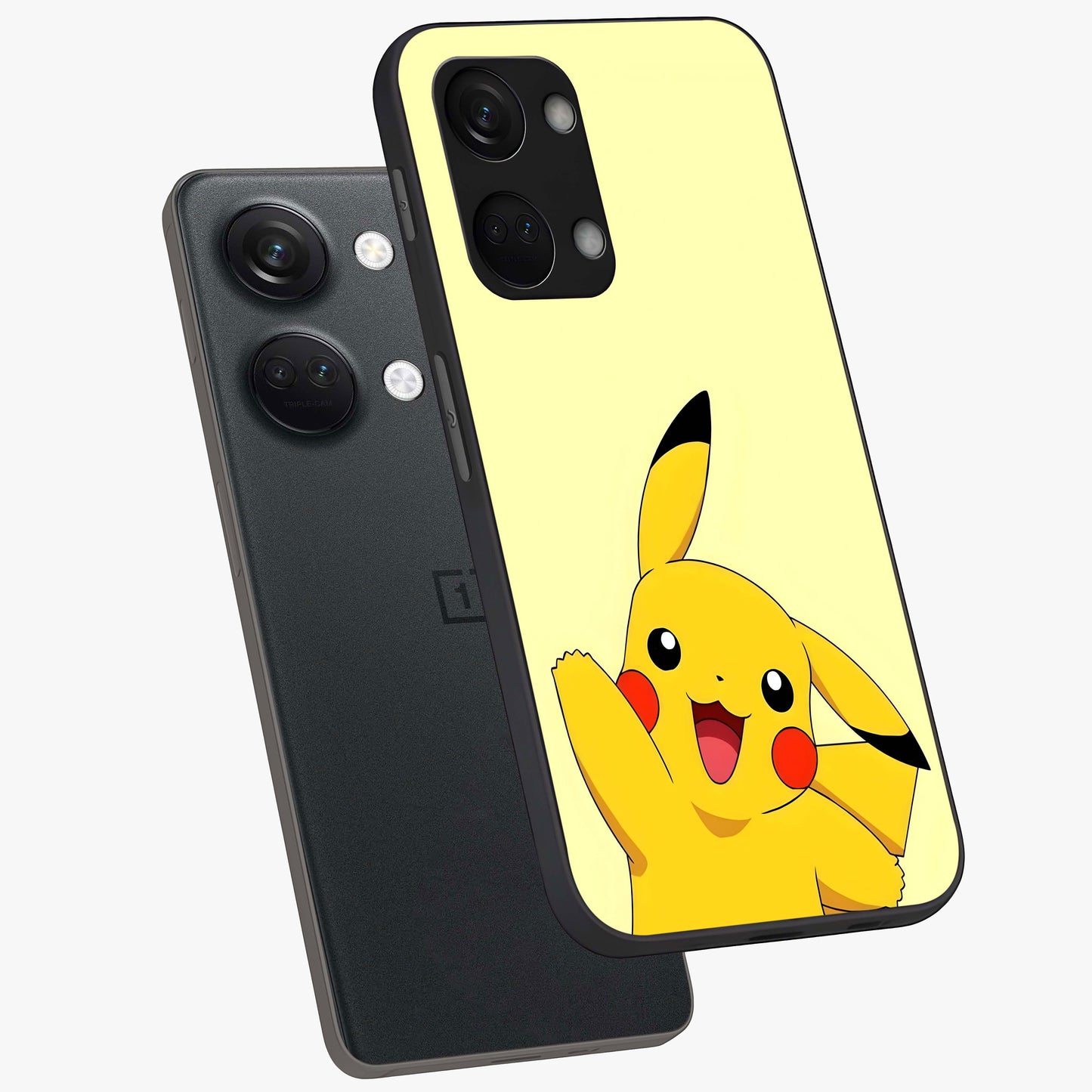 Happy Electric Pikachu Glass Case for 1+Nord 3 angled mockup showcasing glossy finish and vibrant yellow tones